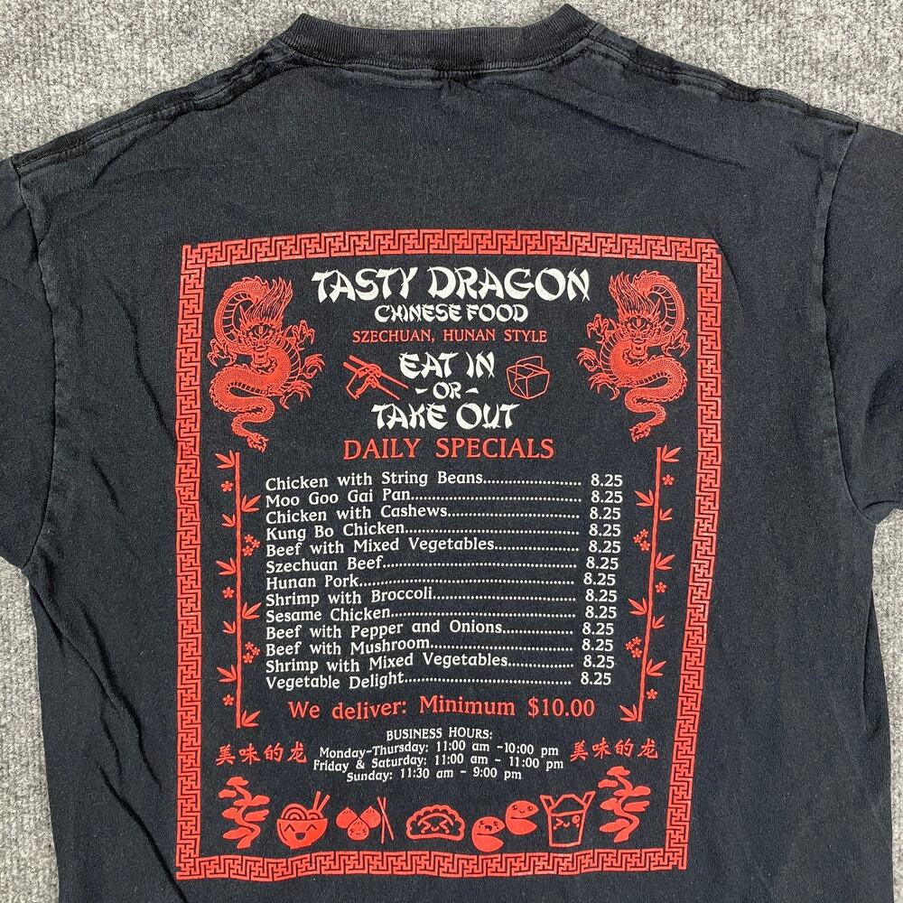 Neon Riot T-Shirt Womens M Black Chinese Food Menu Graphic Vintage Novelty Tee